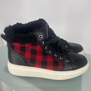 Marc Fisher Fellow Cozy High-Top Sneakers | Plaid & Faux Shearling | Size 8.5